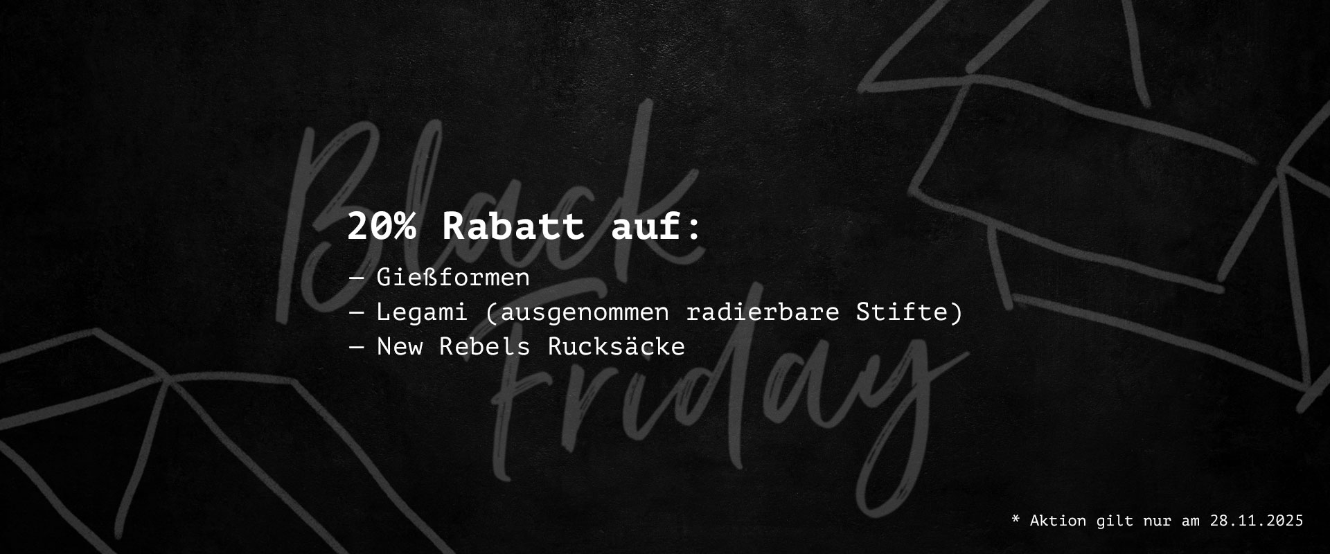 Schwarze Grafik mit Black-Friday-Schriftzug und 20%-Rabatt-Hinweis auf ausgewählte Artikel